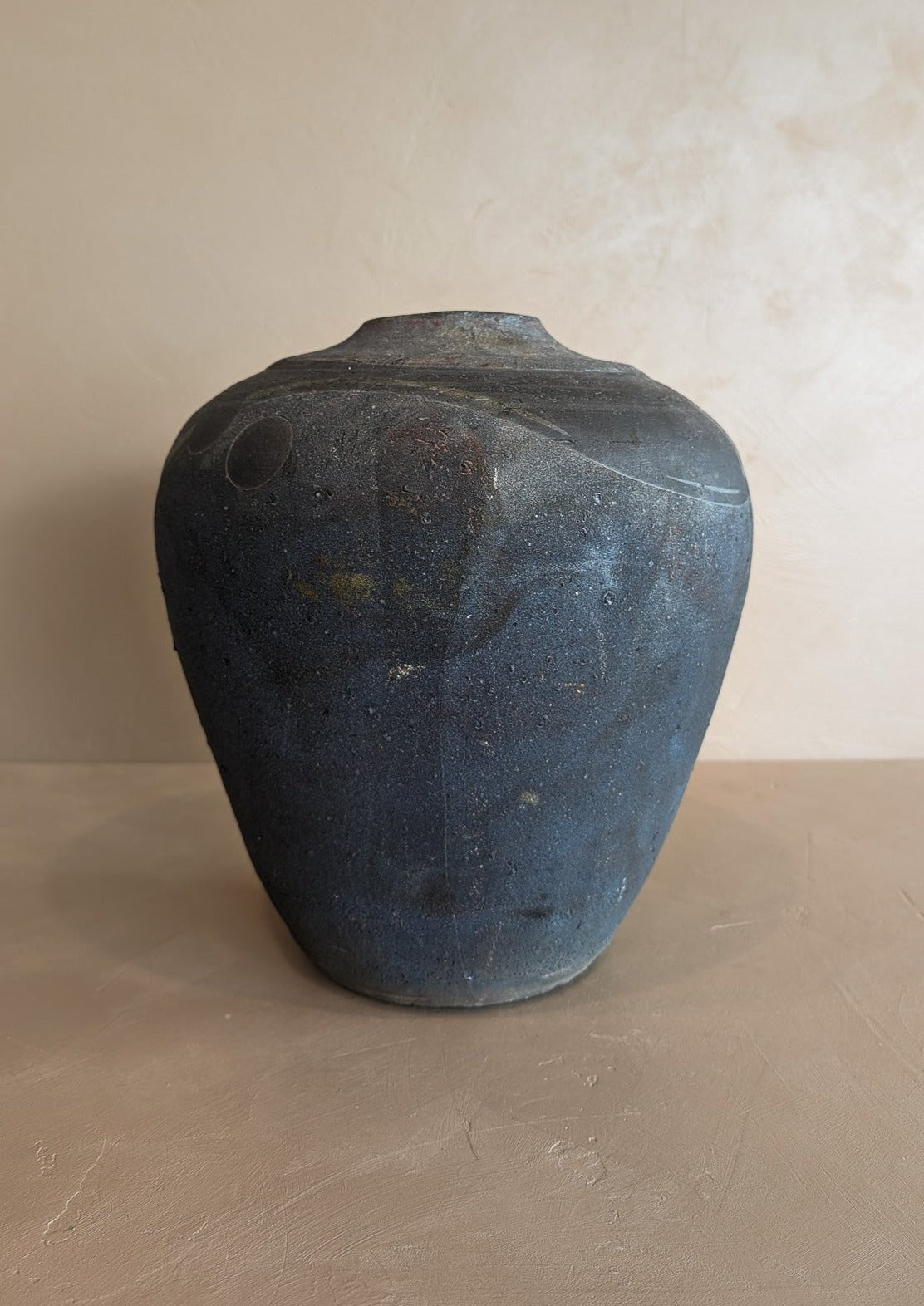 Large Handmade Dark Studio Pottery Raku Vase with Freeform Detailing