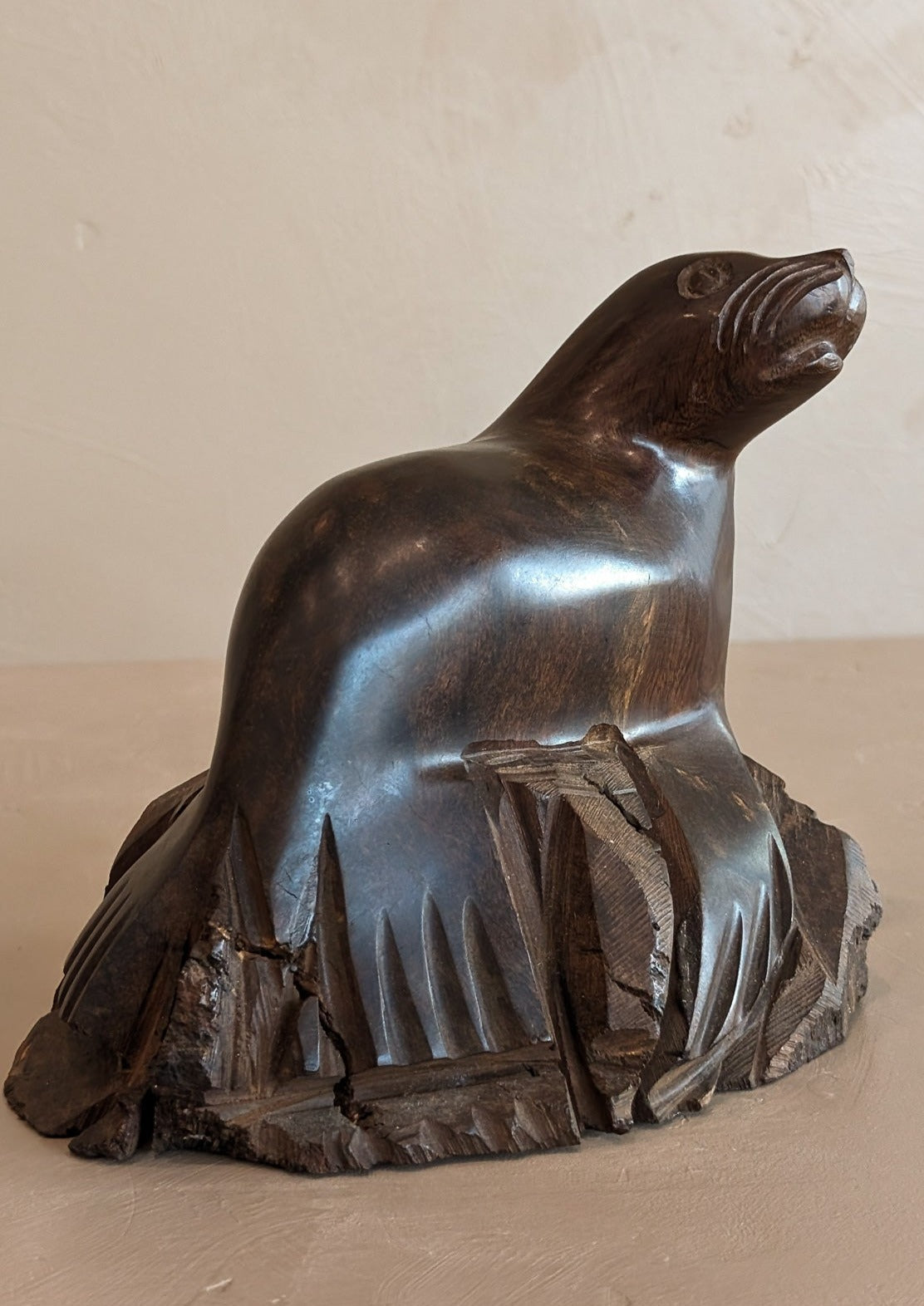 Heavy Hand-carved Wooden Seal Sculpture