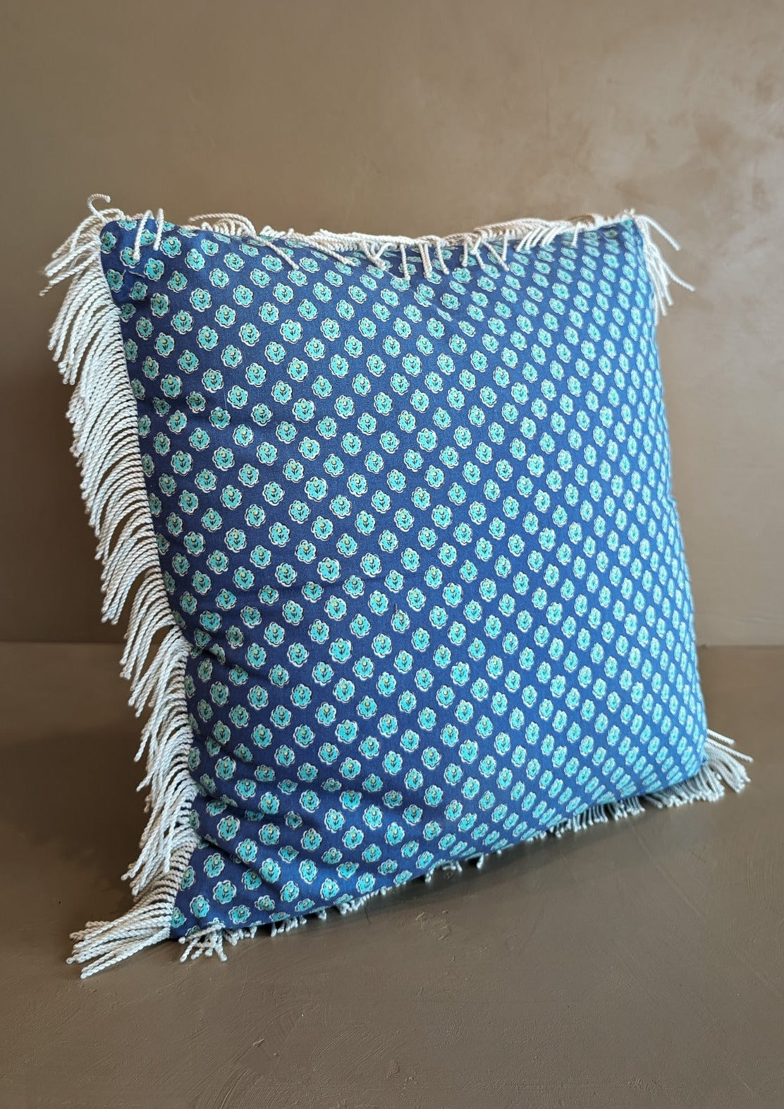 Handmade Square Blue Floral Patterned Pillow with White Fringe