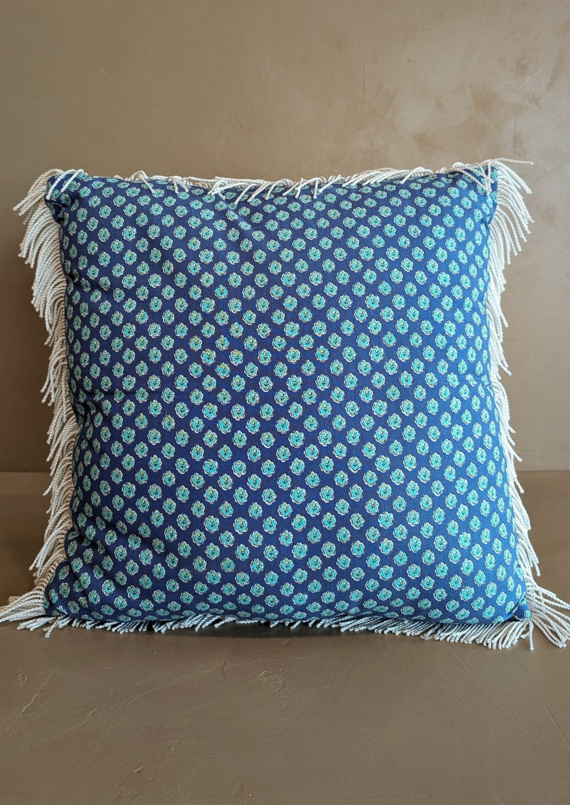 Handmade Square Blue Floral Patterned Pillow with White Fringe