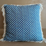 Handmade Square Blue Floral Patterned Pillow with White Fringe