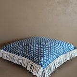 Handmade Square Blue Floral Patterned Pillow with White Fringe