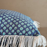 Handmade Square Blue Floral Patterned Pillow with White Fringe