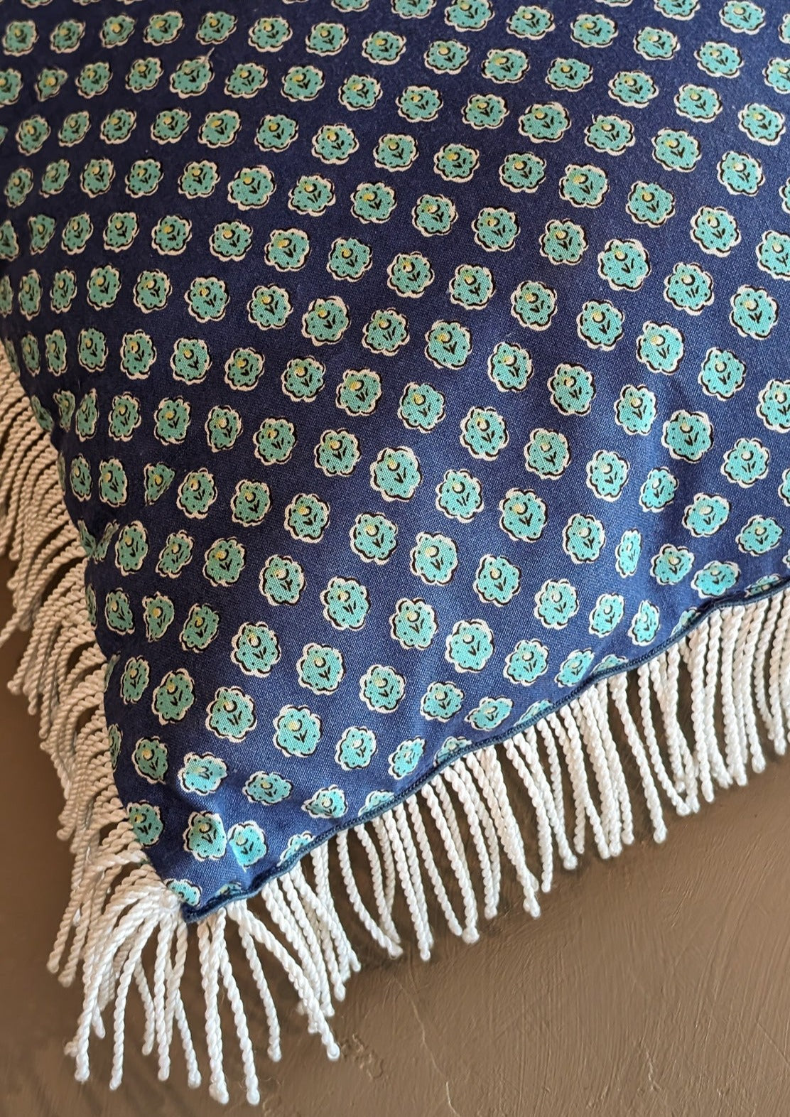 Handmade Square Blue Floral Patterned Pillow with White Fringe