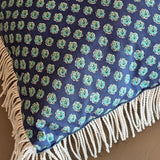 Handmade Square Blue Floral Patterned Pillow with White Fringe