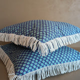 Handmade Square Blue Floral Patterned Pillow with White Fringe