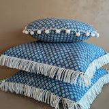 Handmade Square Blue Floral Patterned Pillow with White Fringe