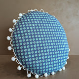 Handmade Round Blue Patterned Pillow with Pom-Pom Fringe