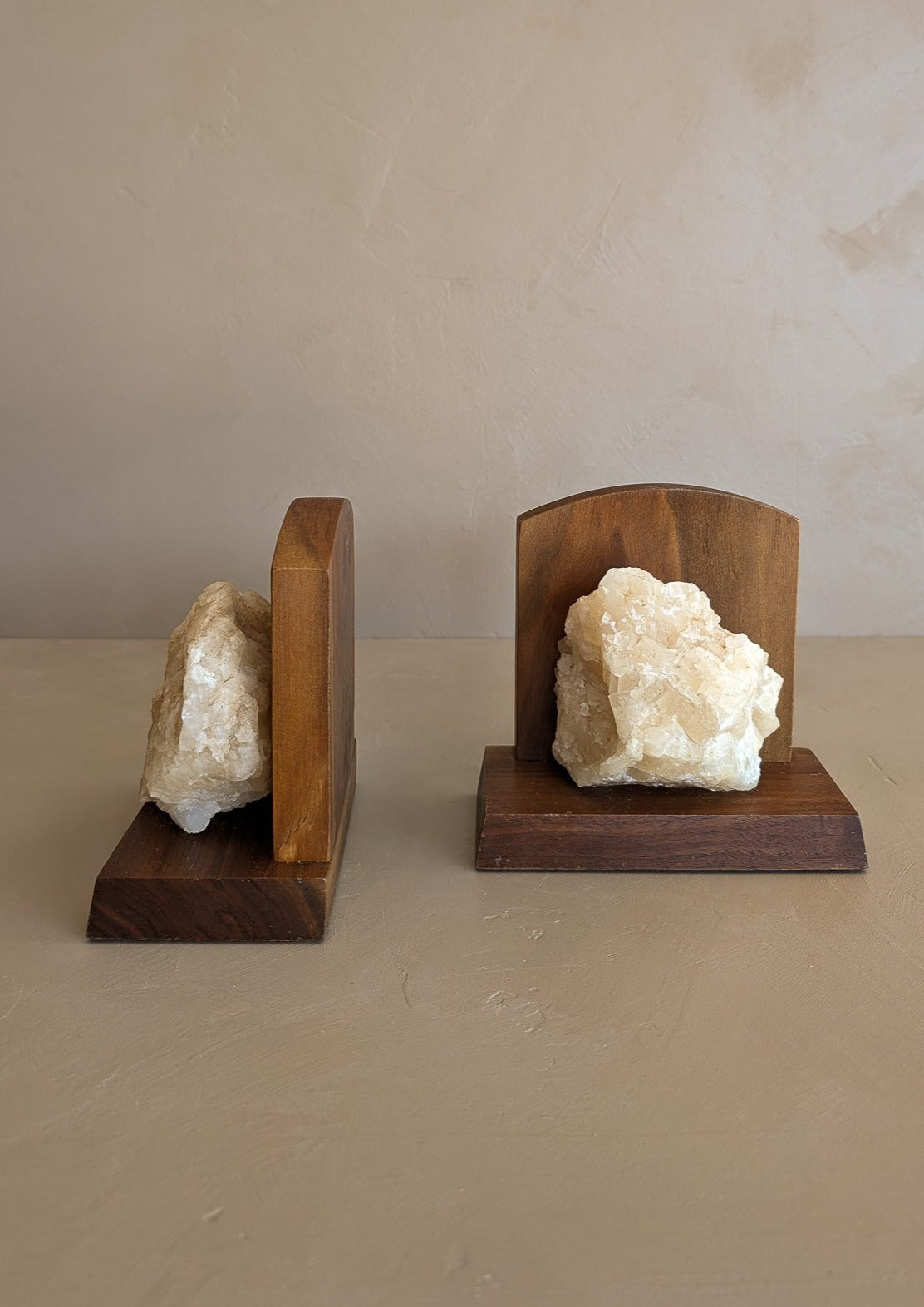 Pair of Vintage Handcrafted Wood and Quartz Bookends