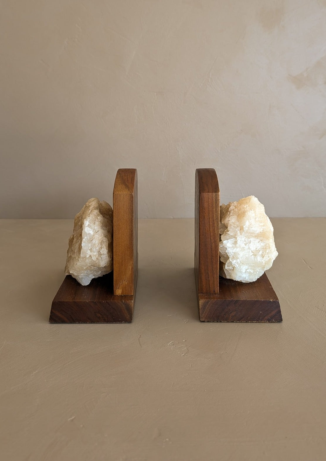 Pair of Vintage Handcrafted Wood and Quartz Bookends