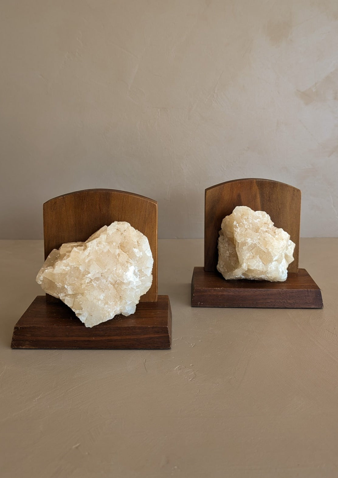 Pair of Vintage Handcrafted Wood and Quartz Bookends