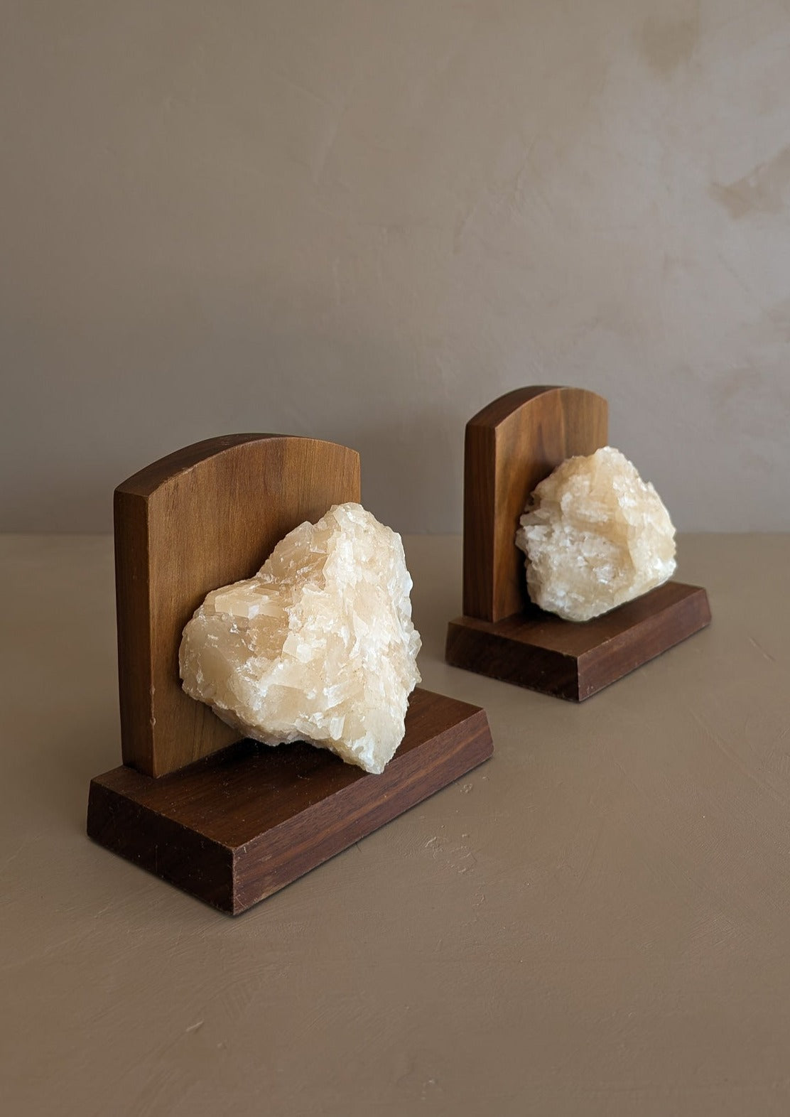 Pair of Vintage Handcrafted Wood and Quartz Bookends