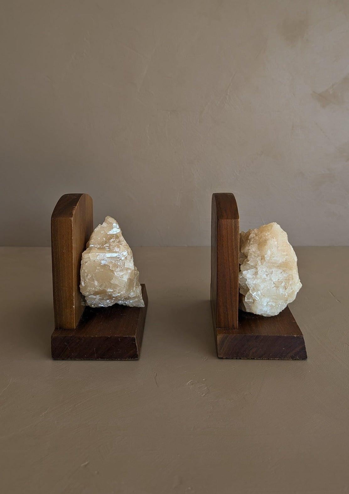 Pair of Vintage Handcrafted Wood and Quartz Bookends