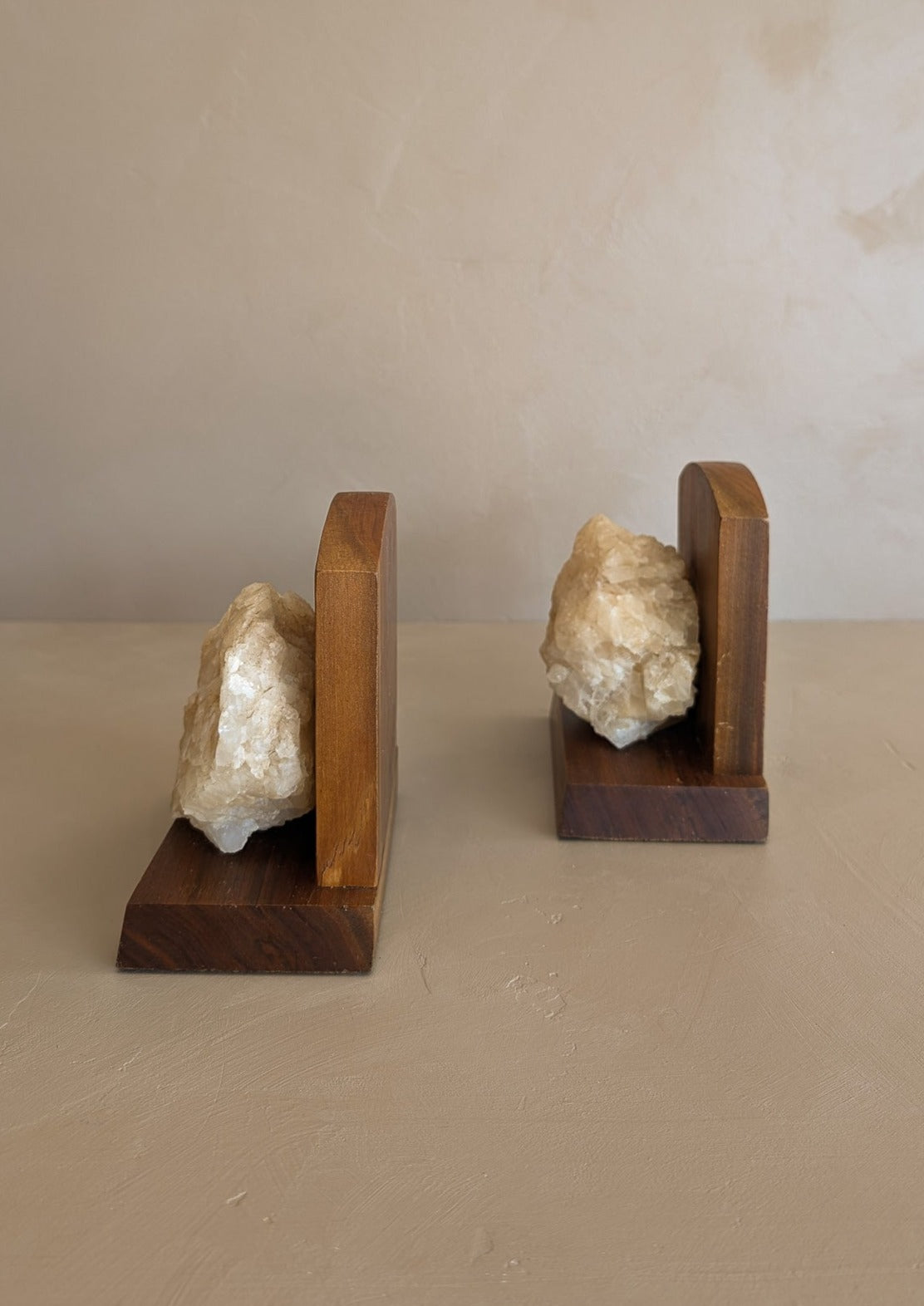 Pair of Vintage Handcrafted Wood and Quartz Bookends