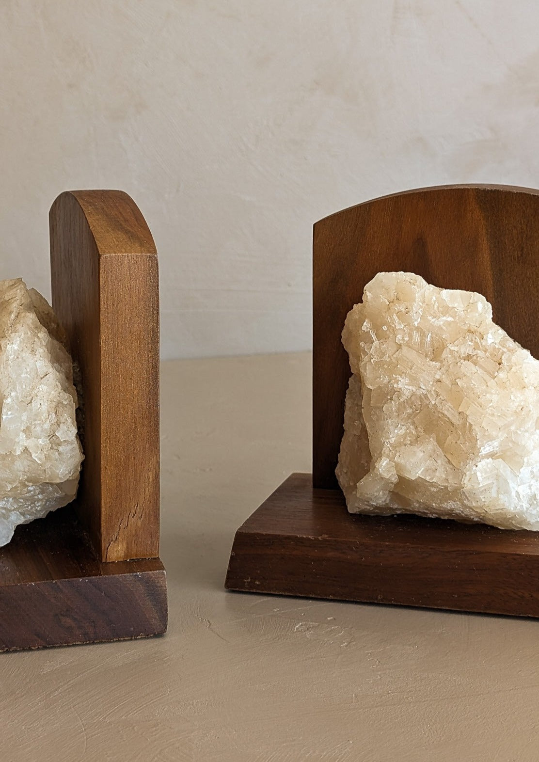 Pair of Vintage Handcrafted Wood and Quartz Bookends