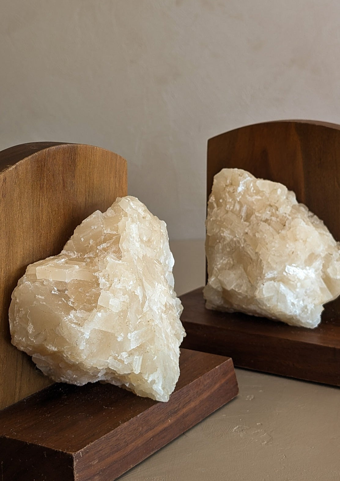 Pair of Vintage Handcrafted Wood and Quartz Bookends