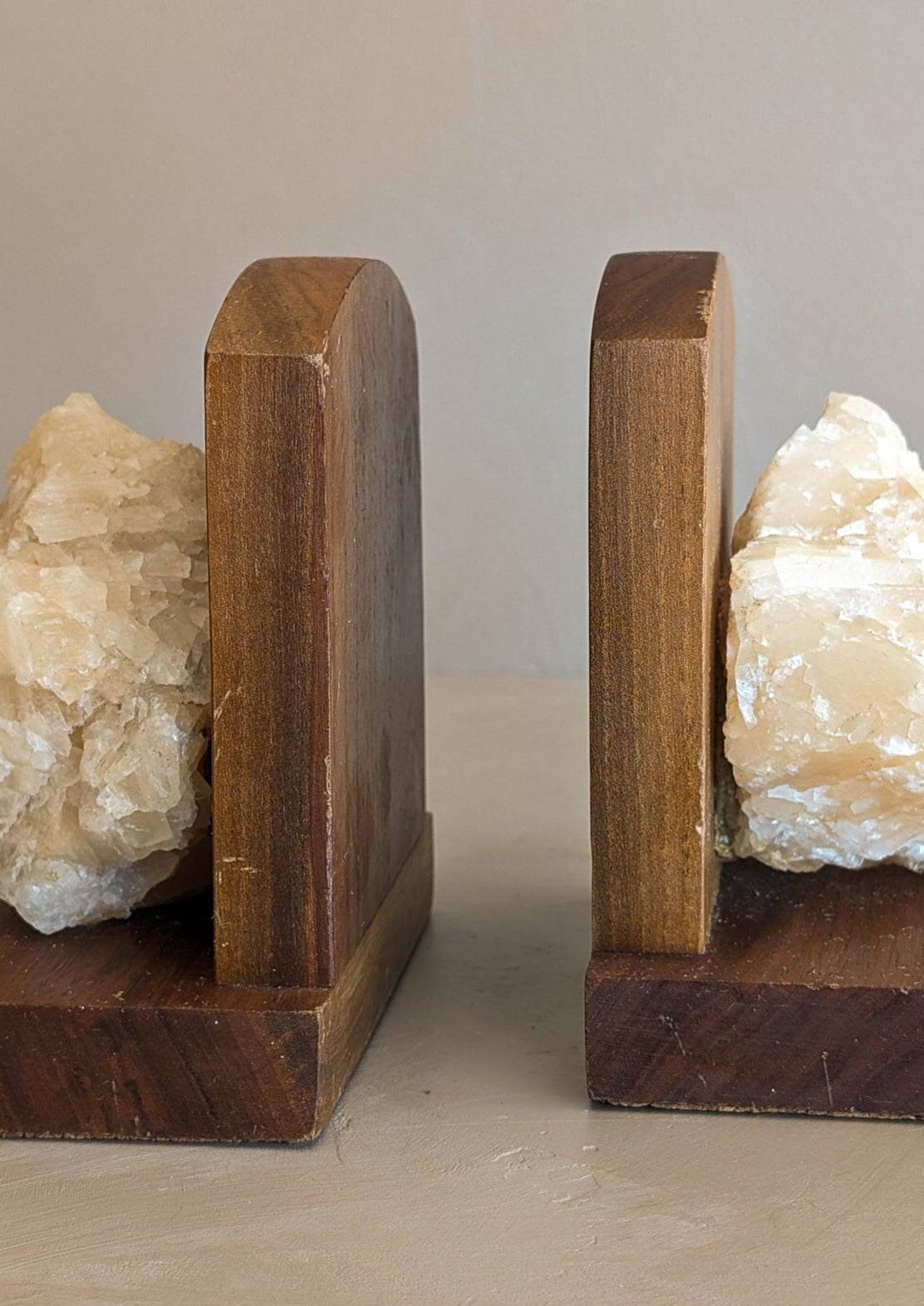 Pair of Vintage Handcrafted Wood and Quartz Bookends