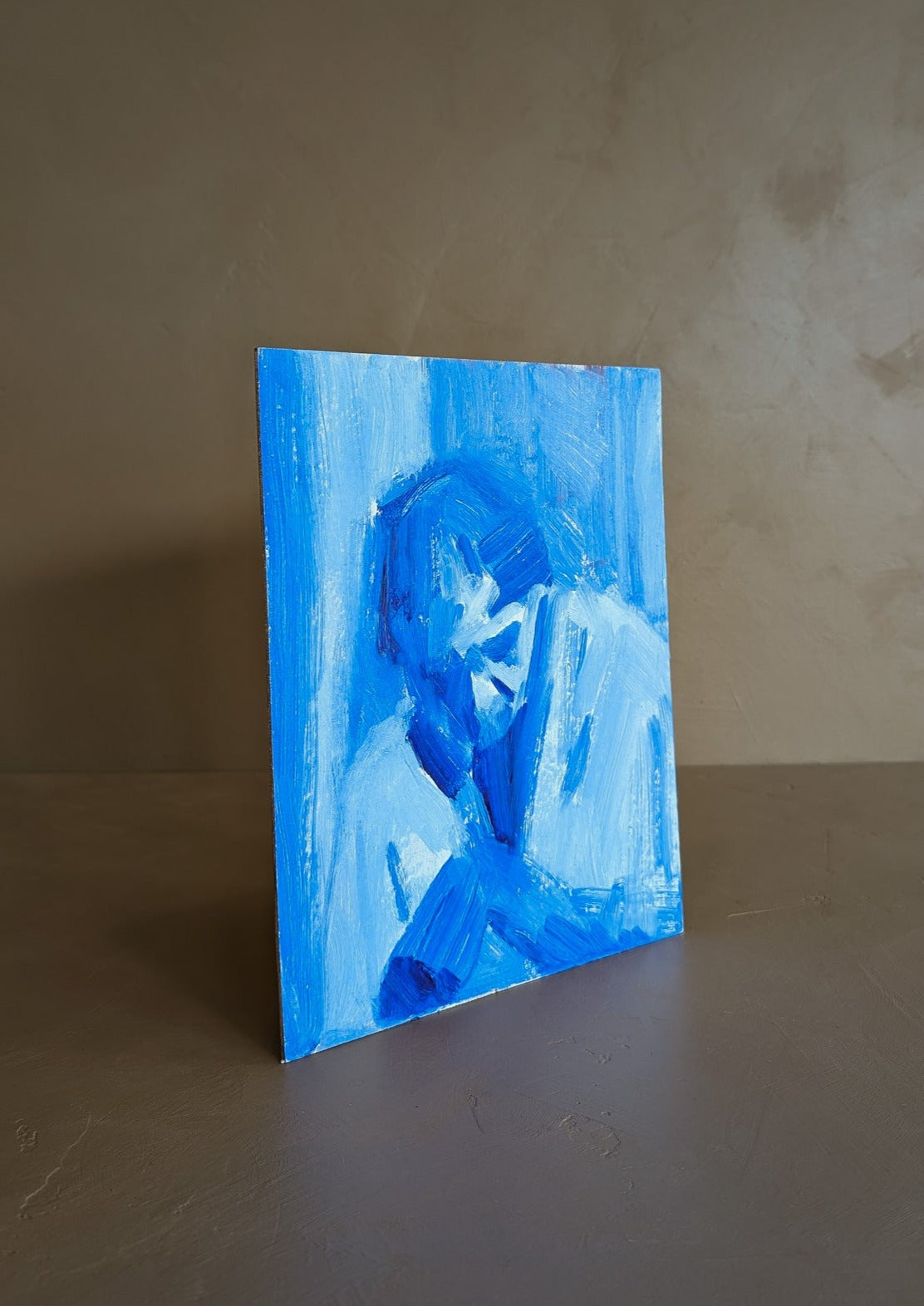 Original Blue Impressionist-Style Portrait of a Woman on Wood