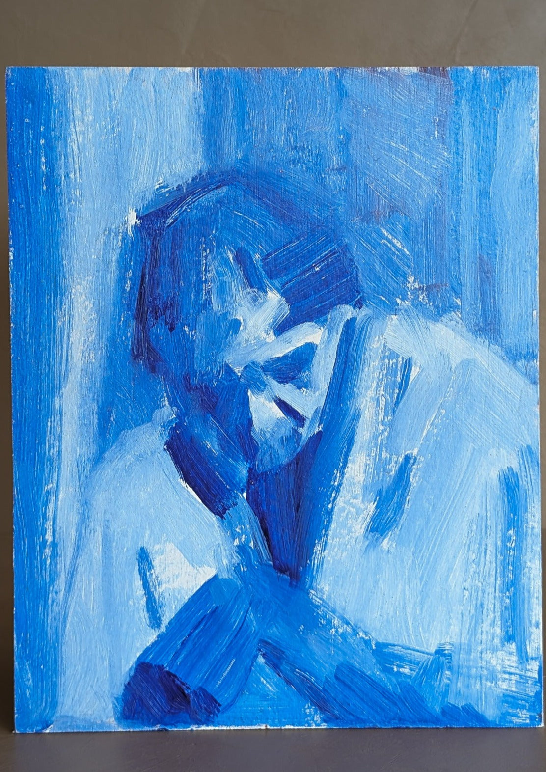 Original Blue Impressionist-Style Portrait of a Woman on Wood