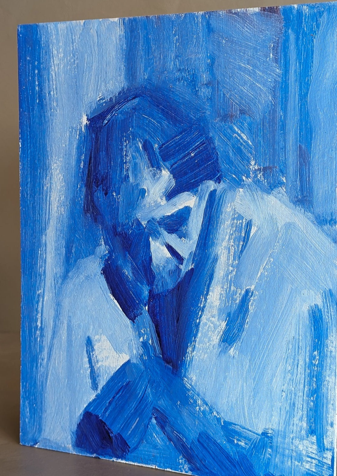 Original Blue Impressionist-Style Portrait of a Woman on Wood