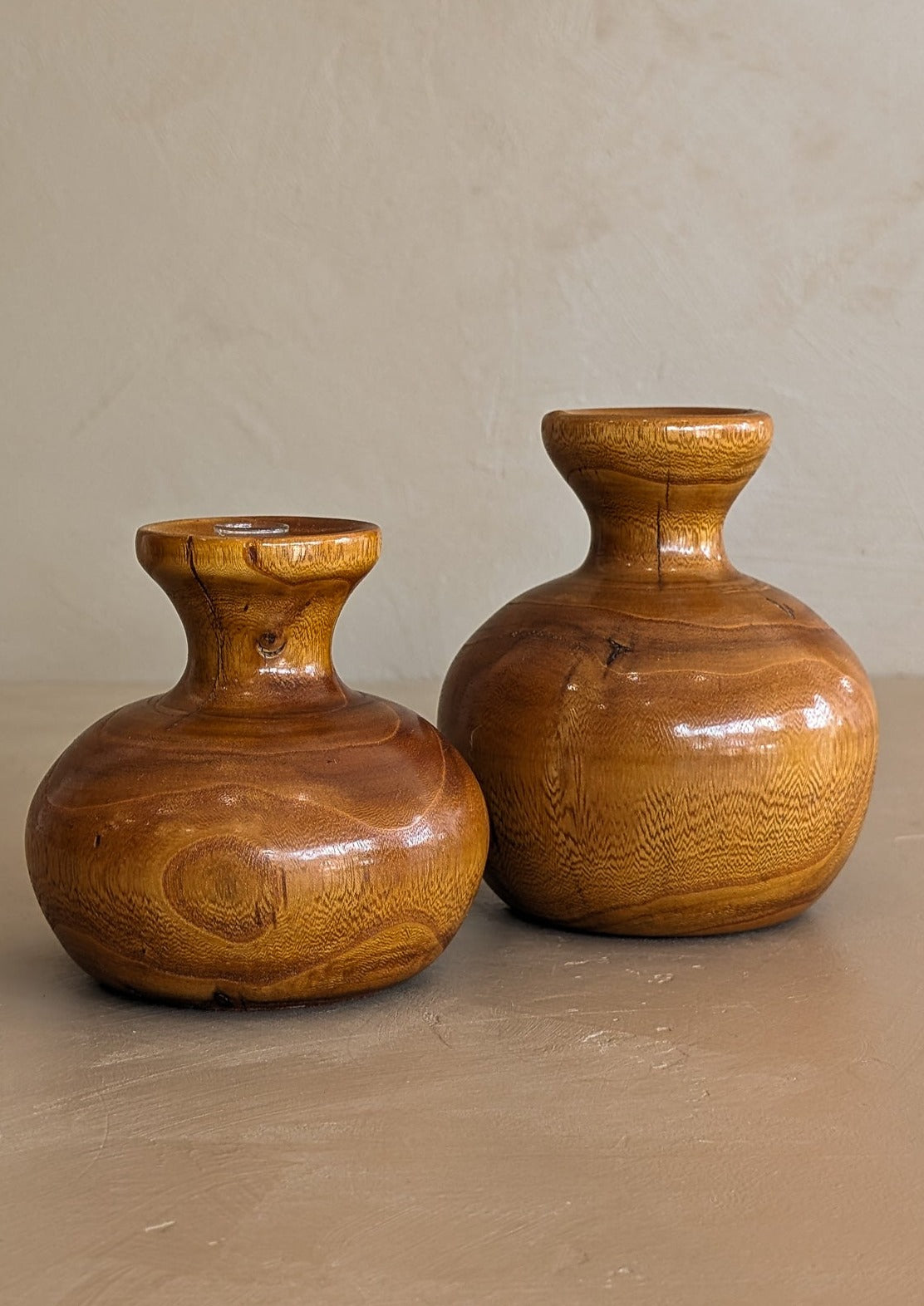 Pair of Vintage Hand-turned Wooden Vases with Glass Tubes