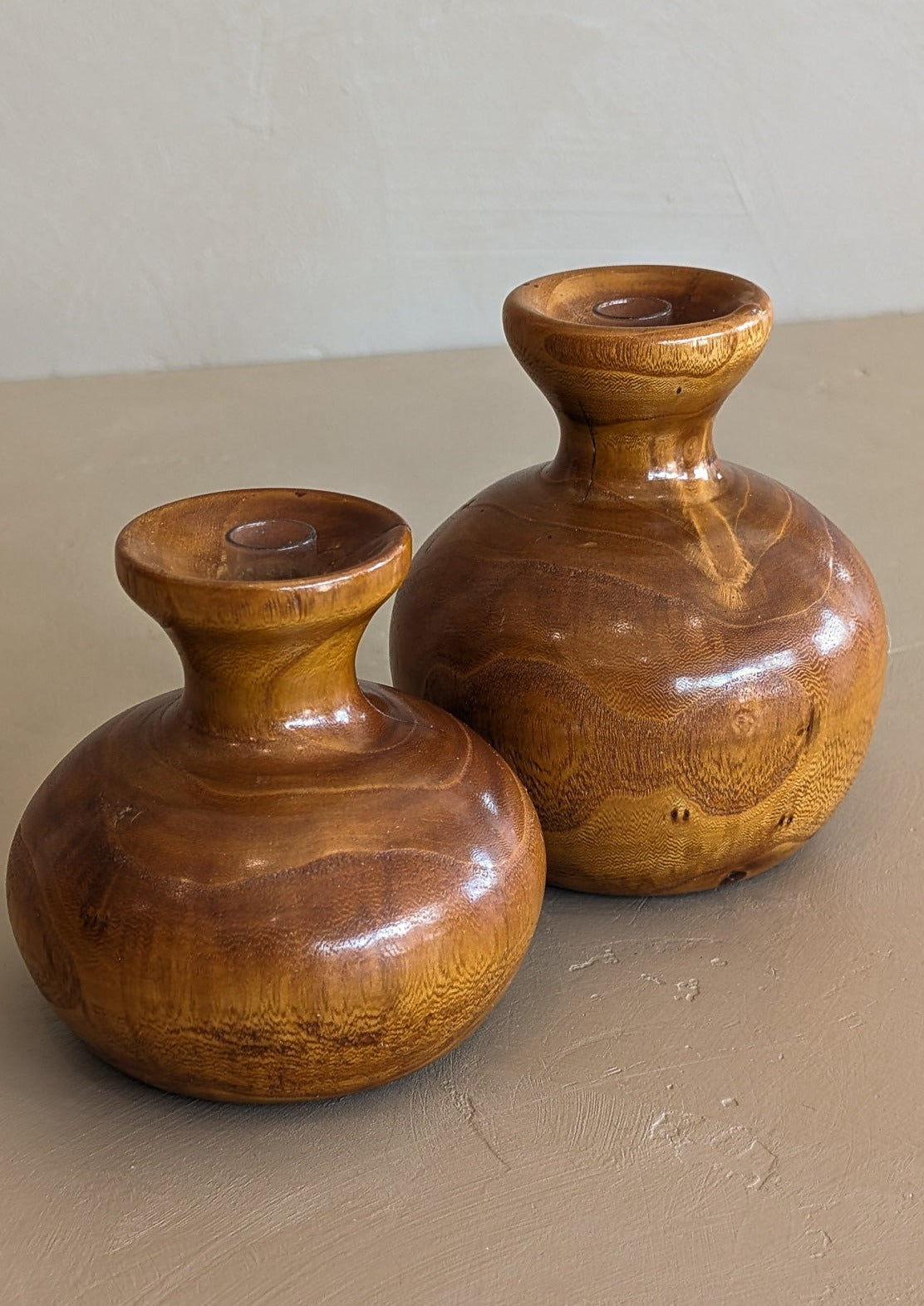 Pair of Vintage Hand-turned Wooden Vases with Glass Tubes