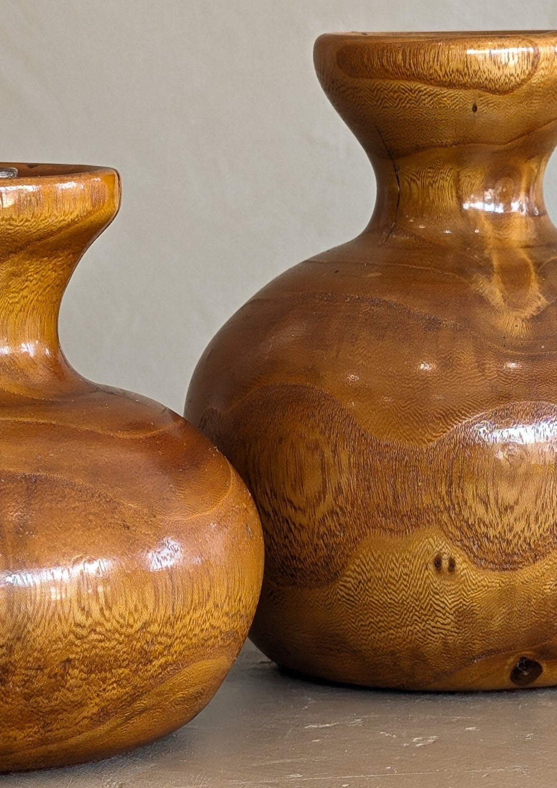 Pair of Vintage Hand-turned Wooden Vases with Glass Tubes