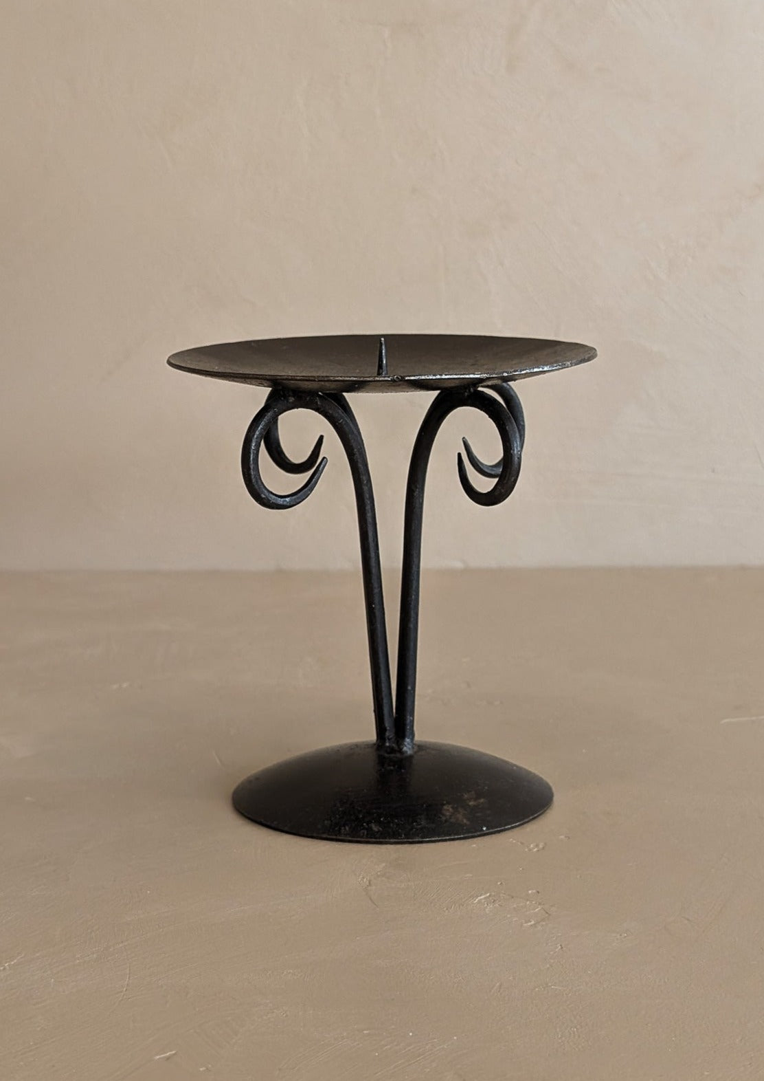 Vintage European Brutalist-Style Black Metal Candleholder