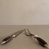 Vintage Wood and Brass Carving Knife and Meat Fork Set