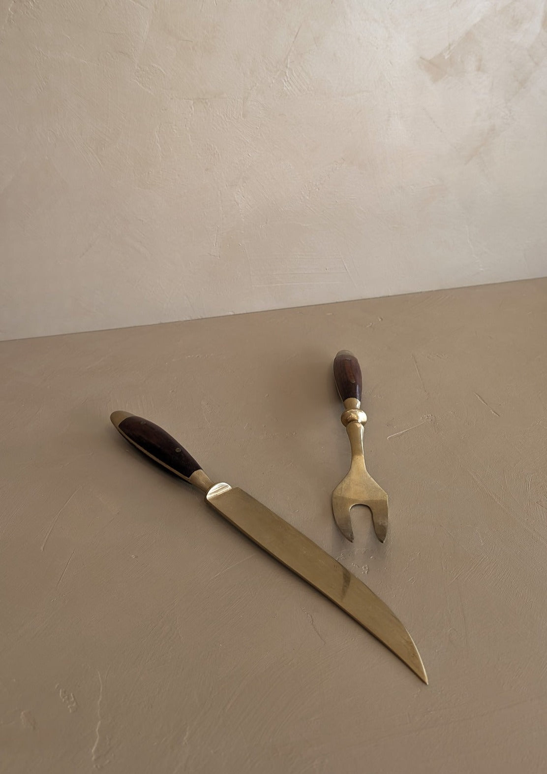 Vintage Wood and Brass Carving Knife and Meat Fork Set