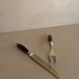 Vintage Wood and Brass Carving Knife and Meat Fork Set