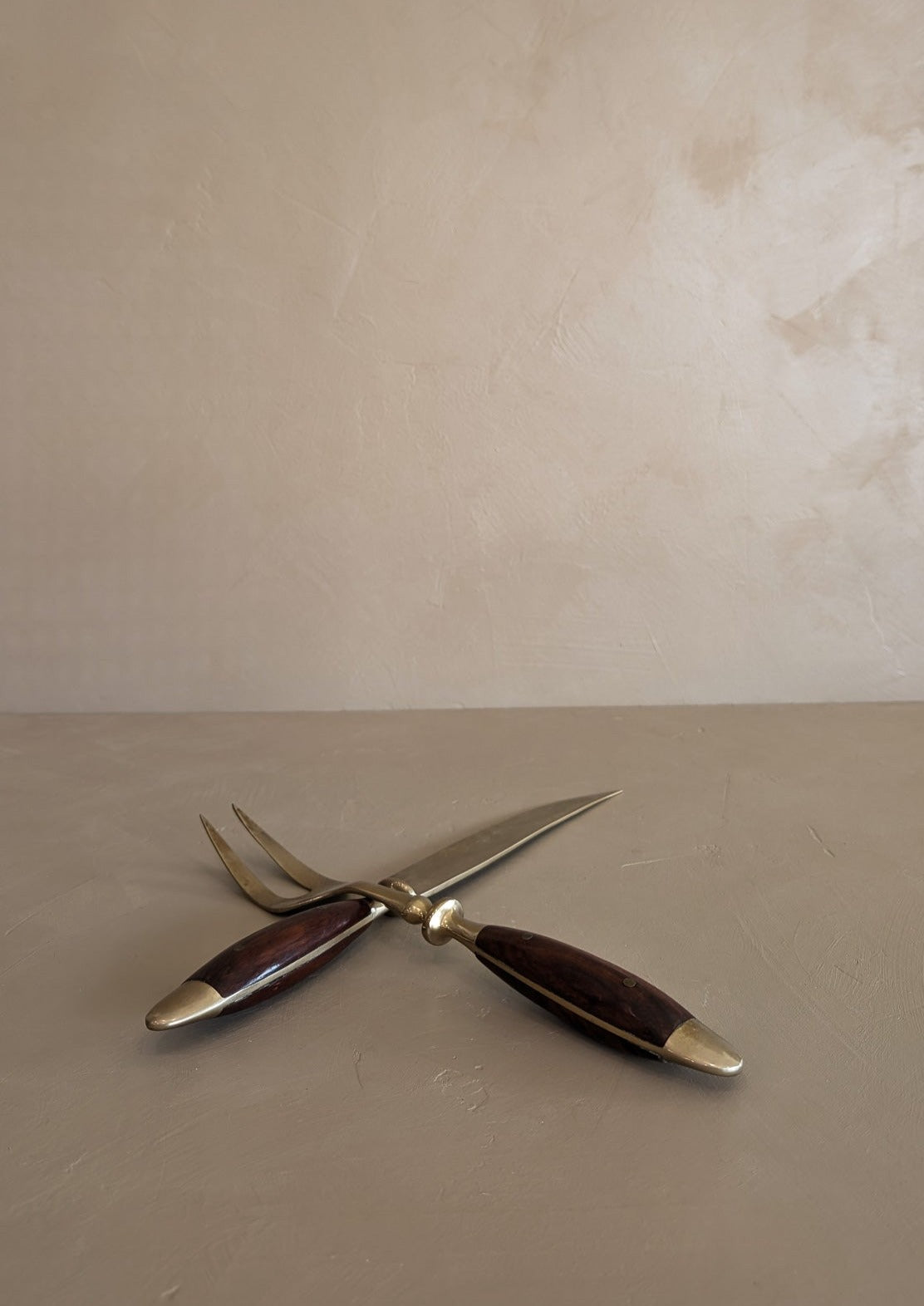 Vintage Wood and Brass Carving Knife and Meat Fork Set