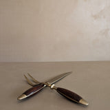 Vintage Wood and Brass Carving Knife and Meat Fork Set