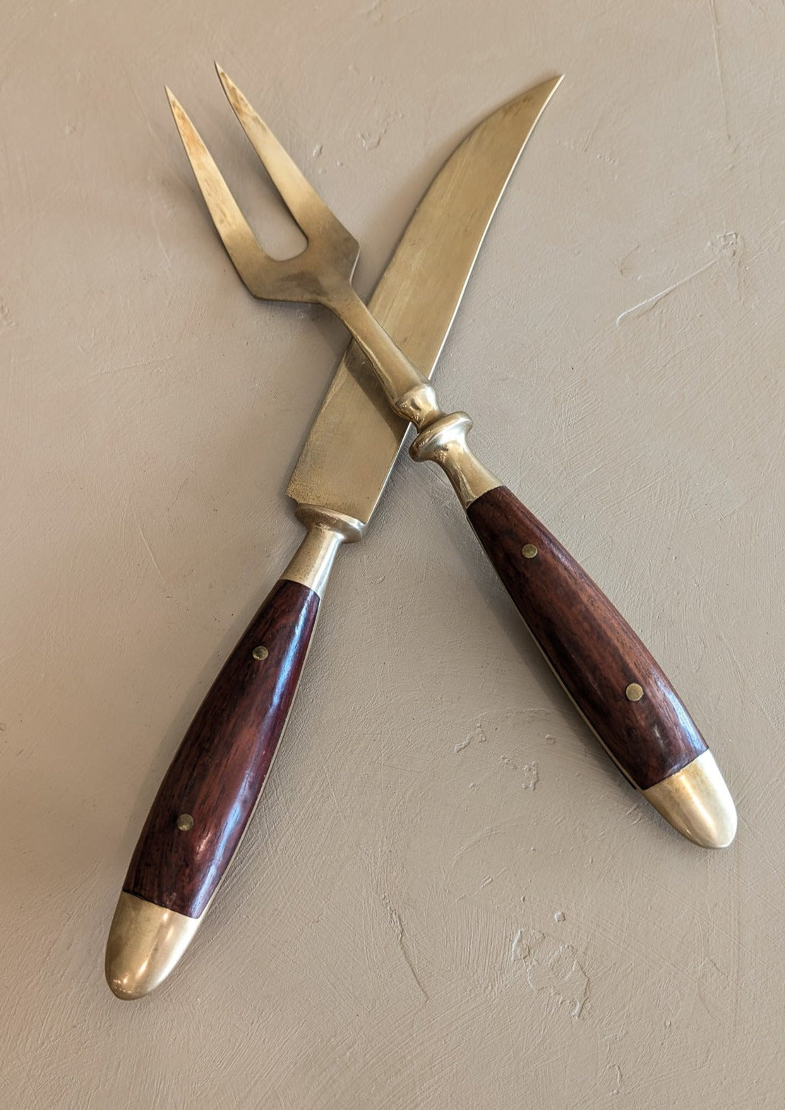 Vintage Wood and Brass Carving Knife and Meat Fork Set