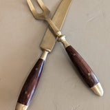 Vintage Wood and Brass Carving Knife and Meat Fork Set