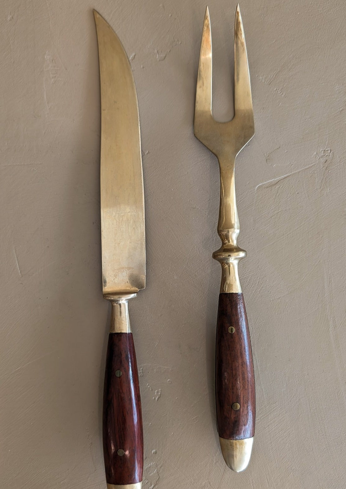 Vintage Wood and Brass Carving Knife and Meat Fork Set