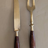 Vintage Wood and Brass Carving Knife and Meat Fork Set