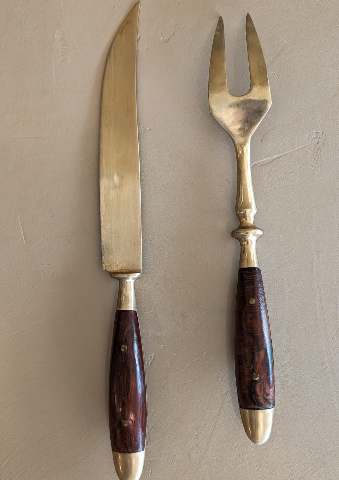 Vintage Wood and Brass Carving Knife and Meat Fork Set