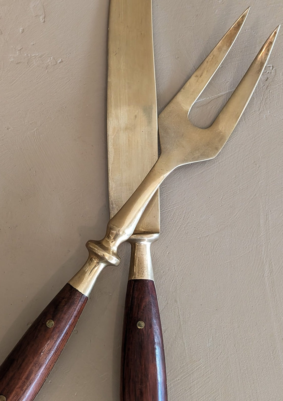 Vintage Wood and Brass Carving Knife and Meat Fork Set