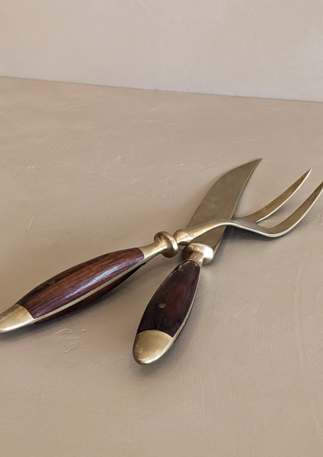 Vintage Wood and Brass Carving Knife and Meat Fork Set