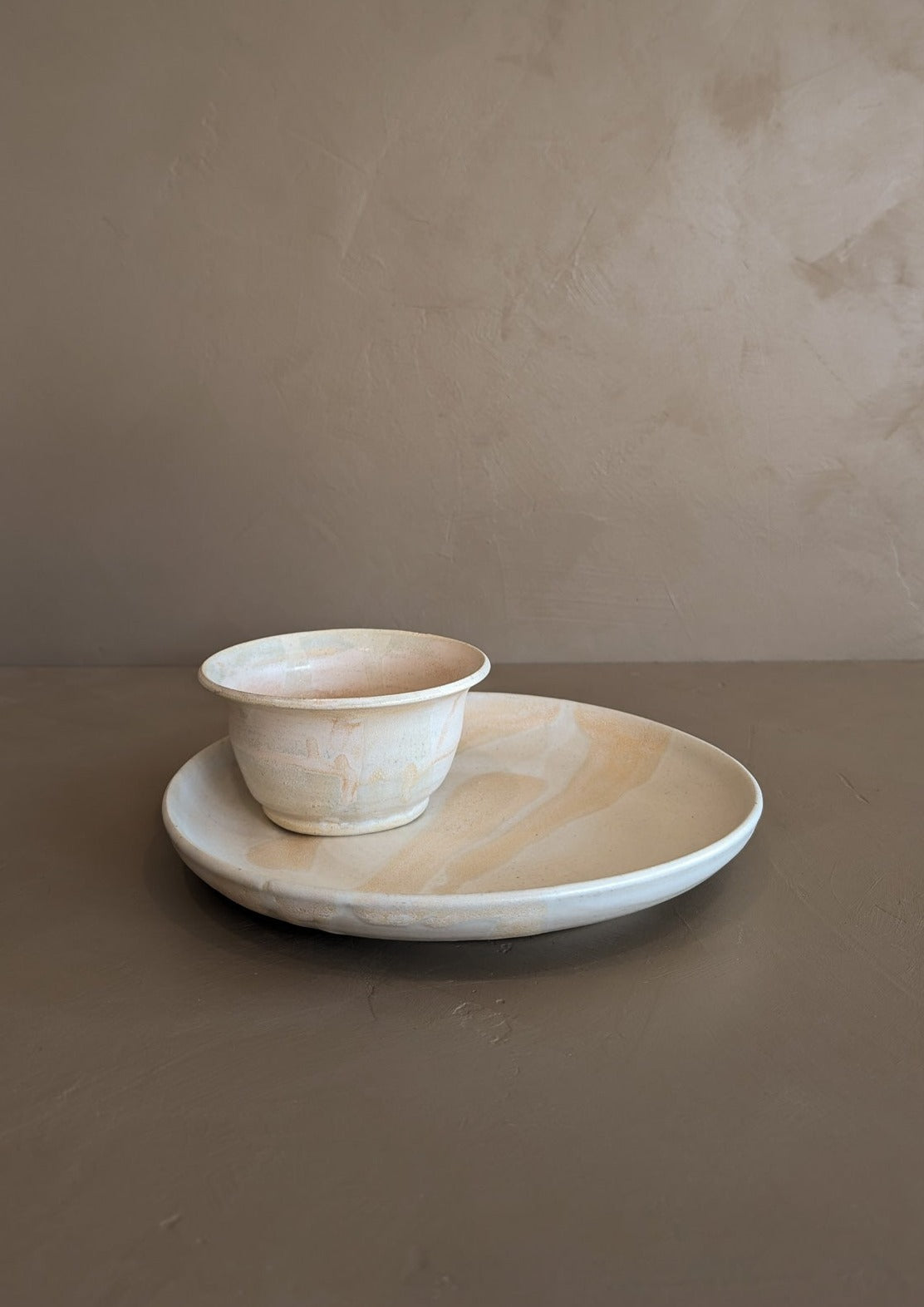 Handmade Blush and Peach Studio Pottery Plate and Bowl Set