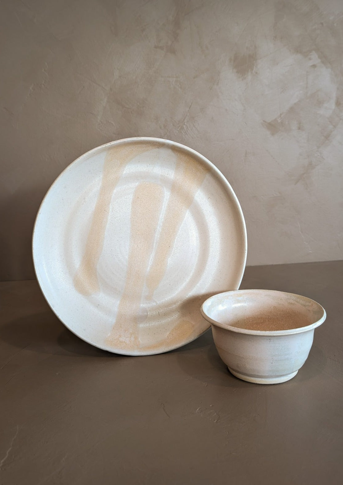 Handmade Blush and Peach Studio Pottery Plate and Bowl Set