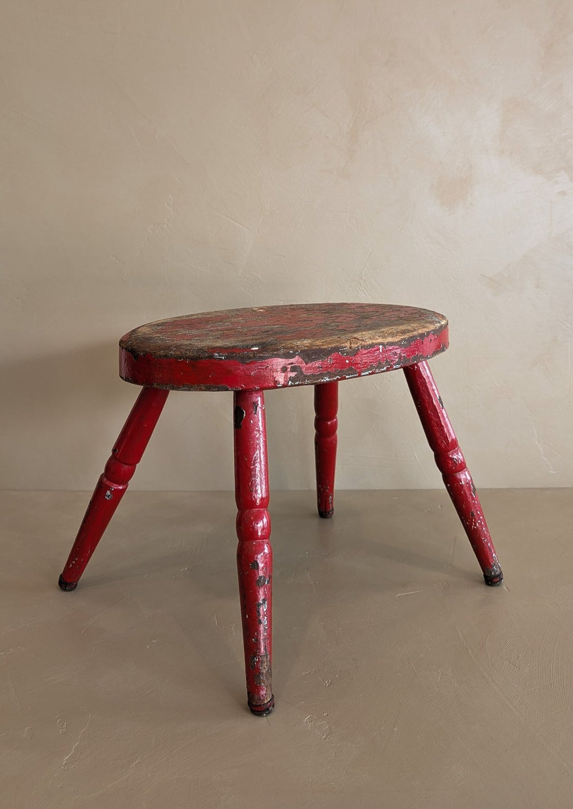 Vintage Skinny Leg Oval Stool with Original Red Paint