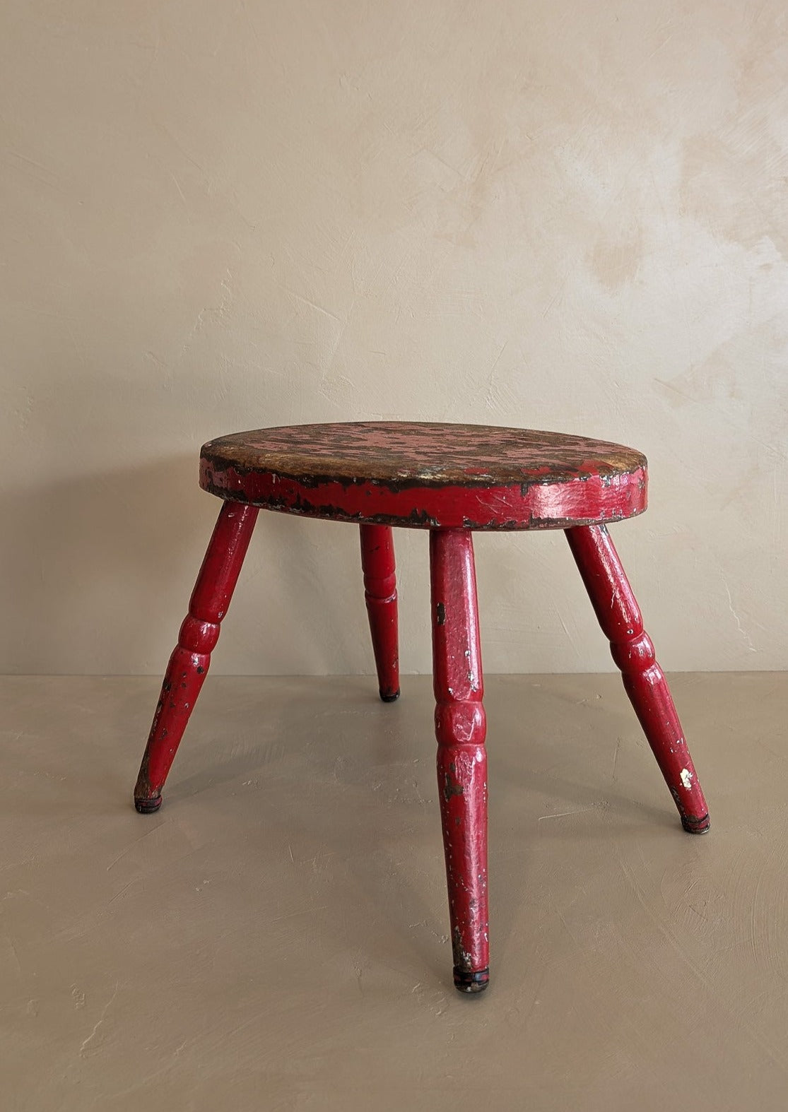 Vintage Skinny Leg Oval Stool with Original Red Paint