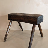 Dark Wooden Primitive Handmade Stool with Holes on Top