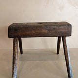 Dark Wooden Primitive Handmade Stool with Holes on Top