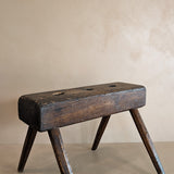 Dark Wooden Primitive Handmade Stool with Holes on Top