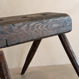 Dark Wooden Primitive Handmade Stool with Holes on Top