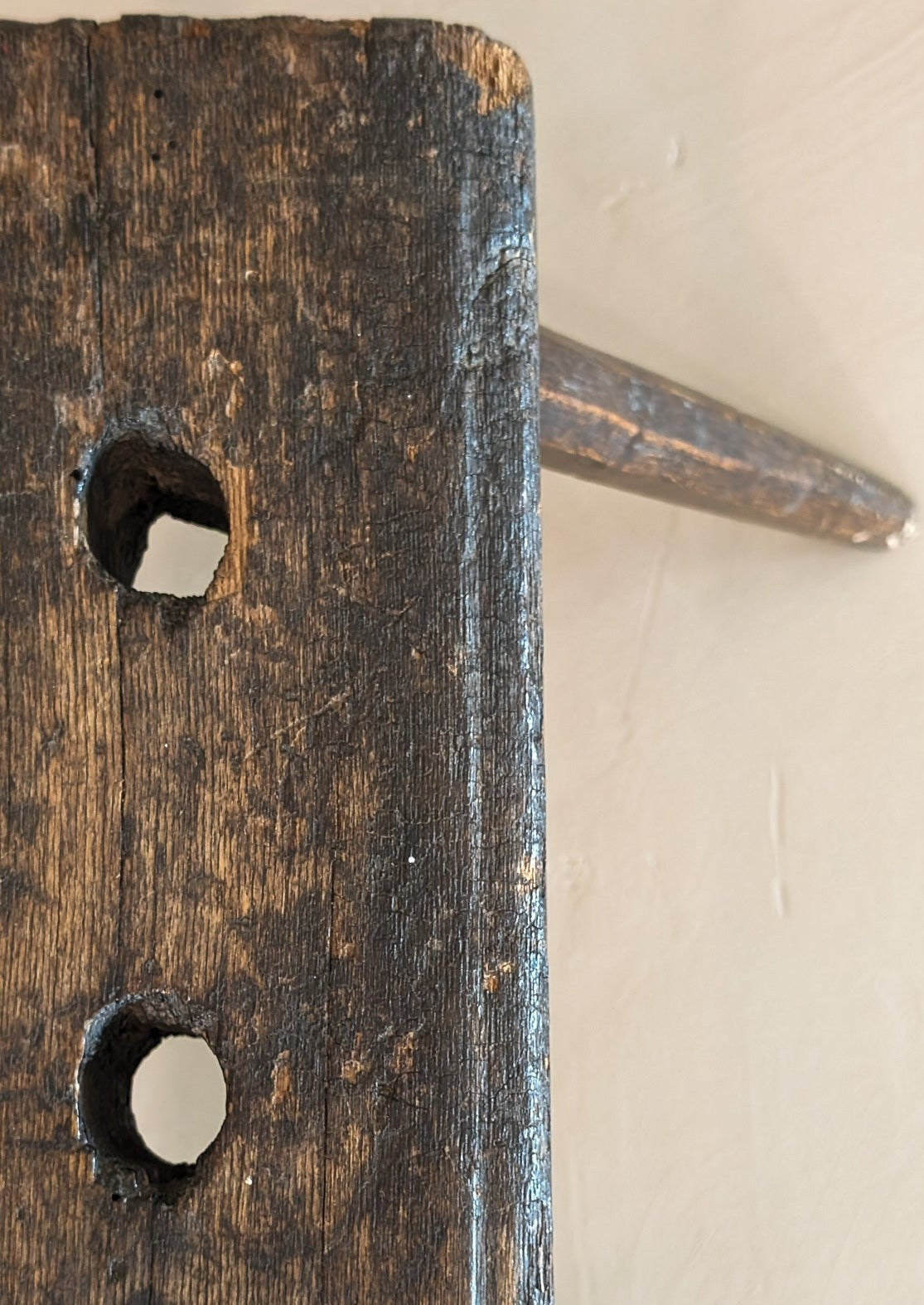 Dark Wooden Primitive Handmade Stool with Holes on Top