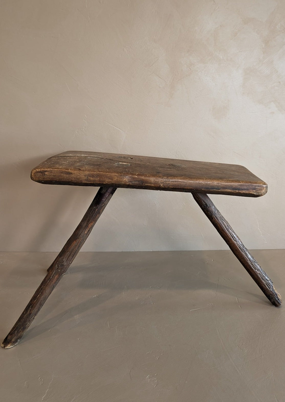 Primitive European Three-Legged Wooden Stool with Slanted Top